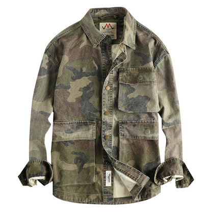 2024 Autumn New American Retro Woven Camouflage Cargo Shirt Men's Fashion 100% Cotton Washed Multi-pocket Casual Thin Jacket