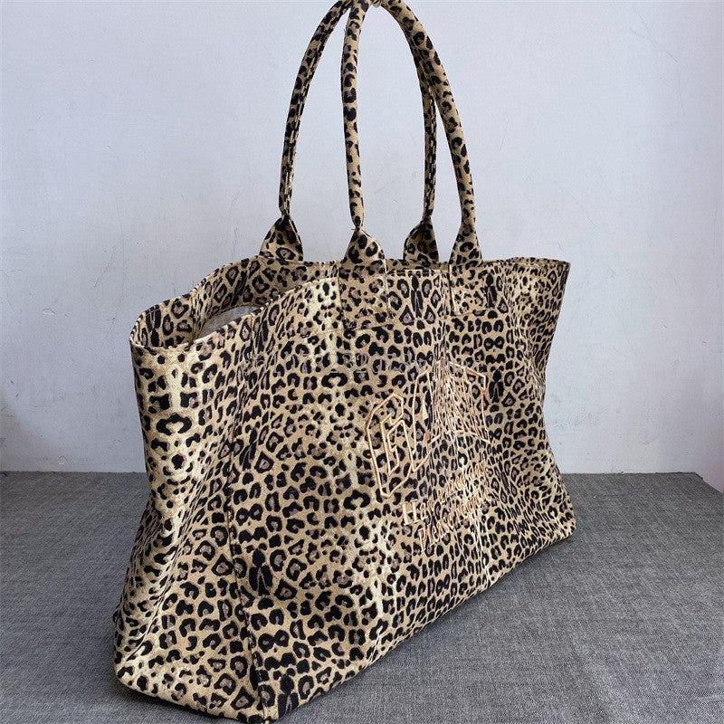 Korean Fashion Leopard Pattern Shoulder Bag Trendy Letter Embroidery Tote Bags Women Canvas Large Capacity Handbag Shopping Bags