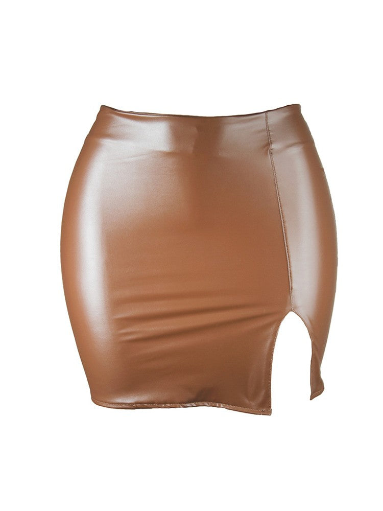 2025 Women Leather Night Clubwear Skirts Summer Pure Color PU-leather Zipper Sexy Hip Leather Mini Skirts