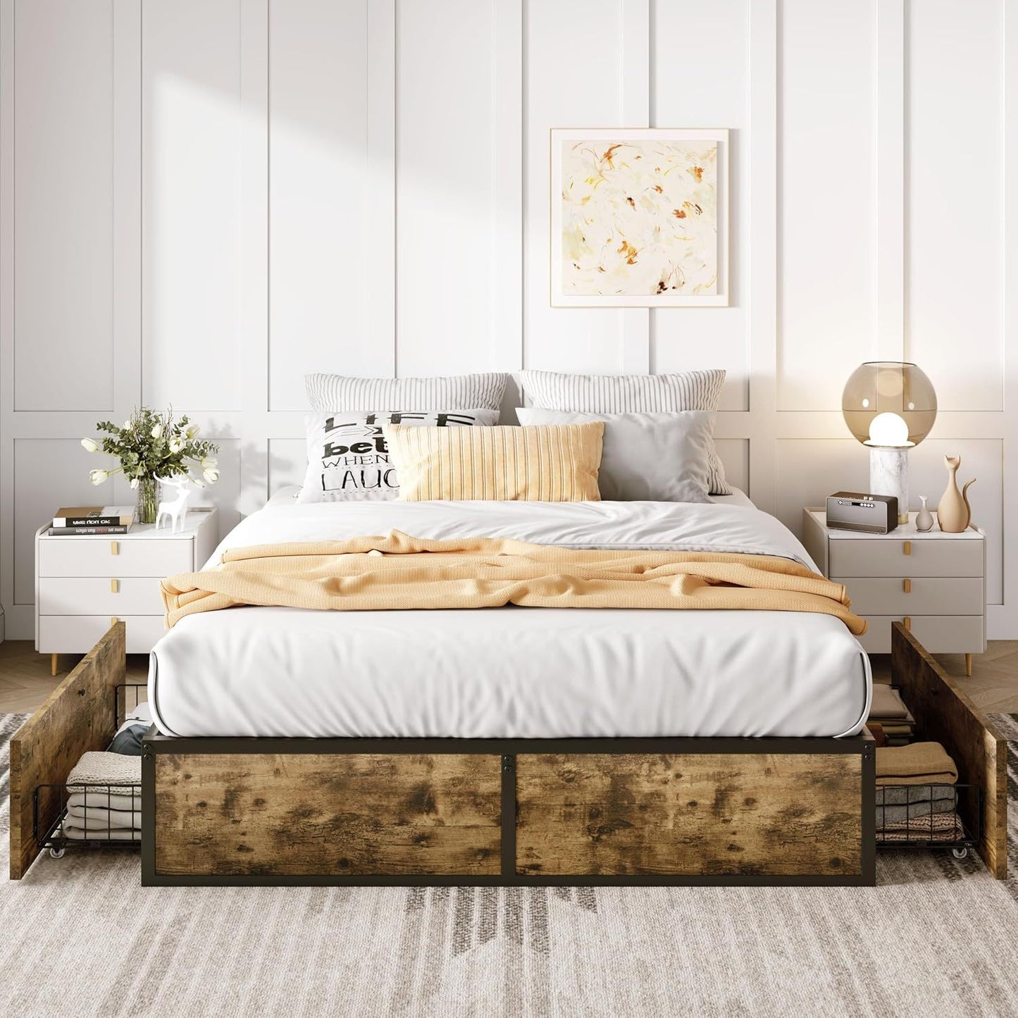 Cama Queen com Estrutura, 2 Gavetas Grandes de Armazenamento, Silenciosa, Fácil de Montar, Não Precisa de Box Spring, Cama com Armazenamento