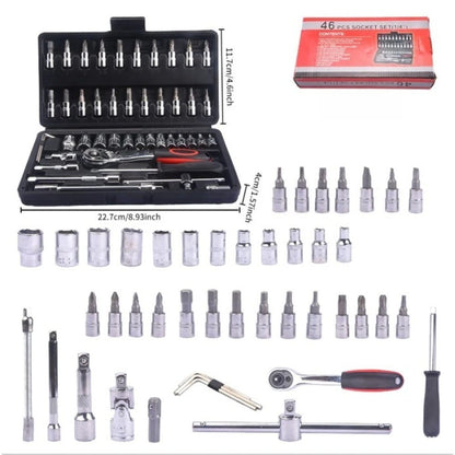 Caixa de Ferramentas com Catraca Combinada de 46 Peças para Reparos Automotivos, Kit de Ferramentas de Manutenção Automotiva para Veículos com Soquetes