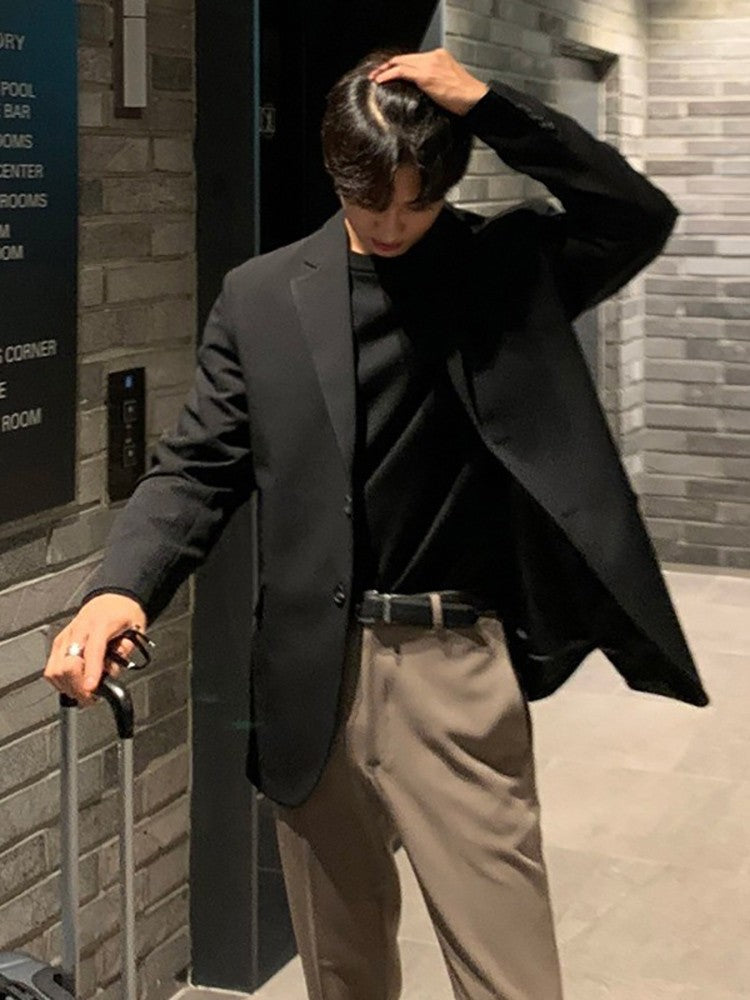 Menswear Classic Blazer Mens Casual Lightweight Jacket Autumn Korean Style Black Coat Fashion High Street Single-breasted Blazer