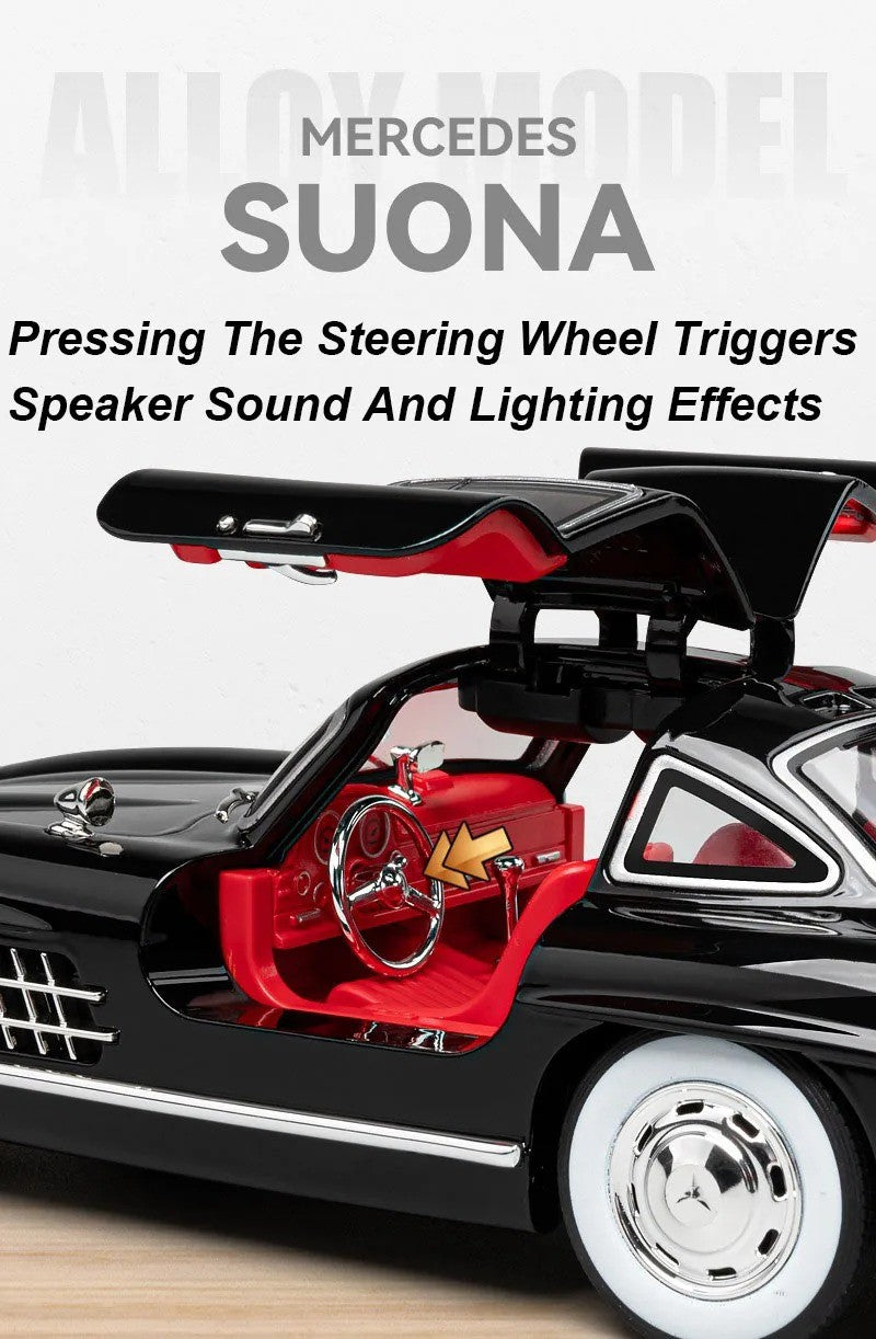 1:24 300SL W140 Carro de Brinquedo Modelo de Liga Fundido com Luz e Som, Carroceria Aberta, Modelos em Miniatura, Brinquedos Clássicos de Presente para Meninos