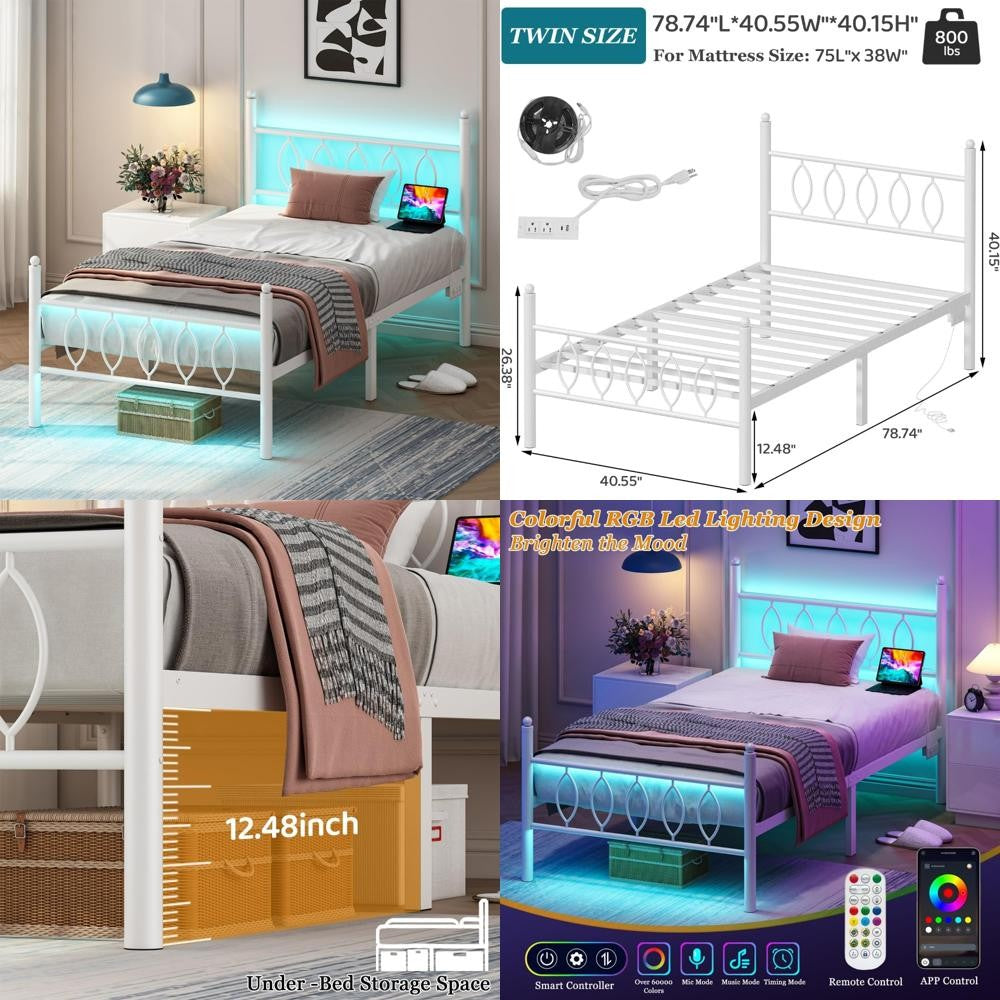 Estrutura de Cama de Plataforma de Metal Branco Tamanho Twin com Cabeceira, Estação de Carregamento, Luzes LED e Armazenamento de 30 cm Debaixo da Cama