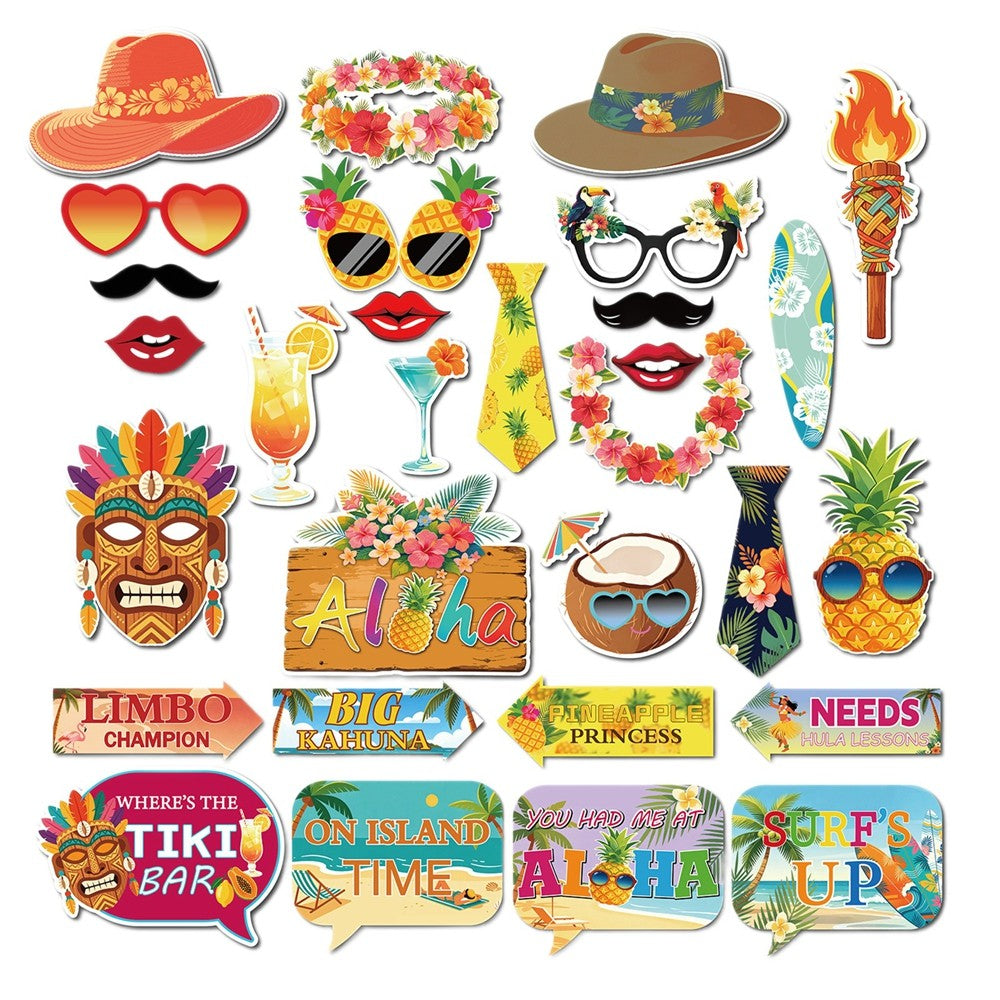30Pcs Aloha Hawaiian Luau Photo Booth Props Tropical Tiki Aloha Summer Beach Pool Party Decorations Handheld Photography Props