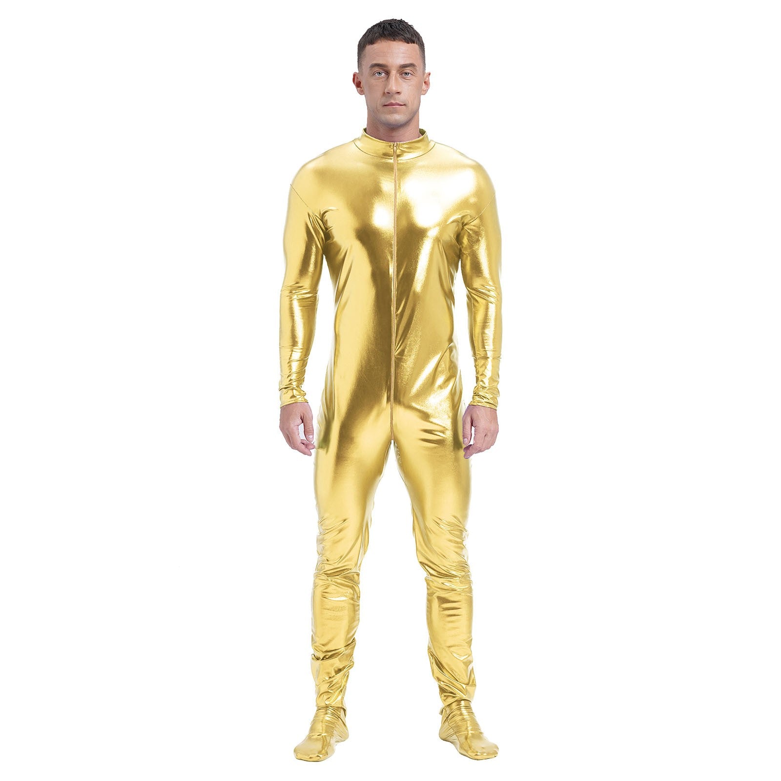 Men's Shiny Metallic Zentai Dress-up Jumpsuit Cosplay Costume Performance Stage Disco Clubwear Full Body Unitard Tights Leotard