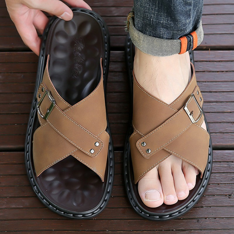 Men Summer Stylish Slippers Open-toe Soft-Soled Shoes Simple Solid Color Half Drag Slip-On Shoes Outdoor Man Comfortable Sandals