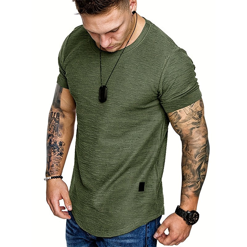 Men's Sports T-shirt Slim Fit O-neck Short Sleeve Muscle Fitness Casual Hip Hop Top Summer Fashion Basic Solid Crew T-shirt
