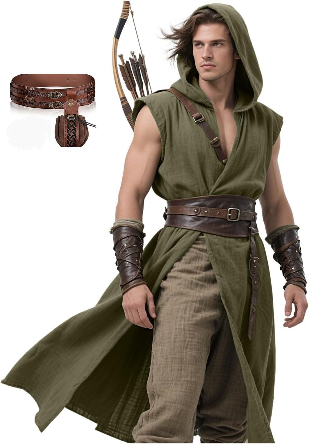 Men's Medieval Hooded Surcoat Renaissance Tabard Sleeveless Tunic Cloak Viking Costume Holloween Assassin Cosplay