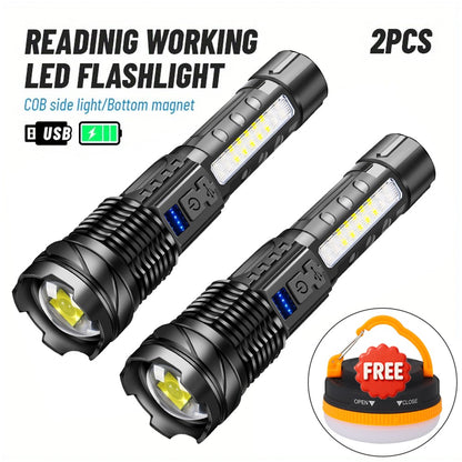 High Power LED Flashlight Powerful USB Rechargeable Zoomable Flashlight with COB Side Light Torch for Outdoor Camping Hiking