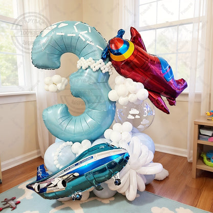 56Pcs Airplane Themed Blue Digital Balloon Set 1-9 Birthday Party Decoration baby Shower Globos Gift Shooting Props