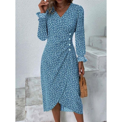 Elegant Floral Pleated H shaped Midi Dress Female V Neck Puff Sleeve Waist Ruche