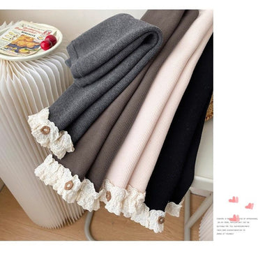 Girls Fleece Lined Leggings Children Fashion Lace Trim Slim Fit Thermal Pants Kids Winter Warm Outwear Casual Clothes