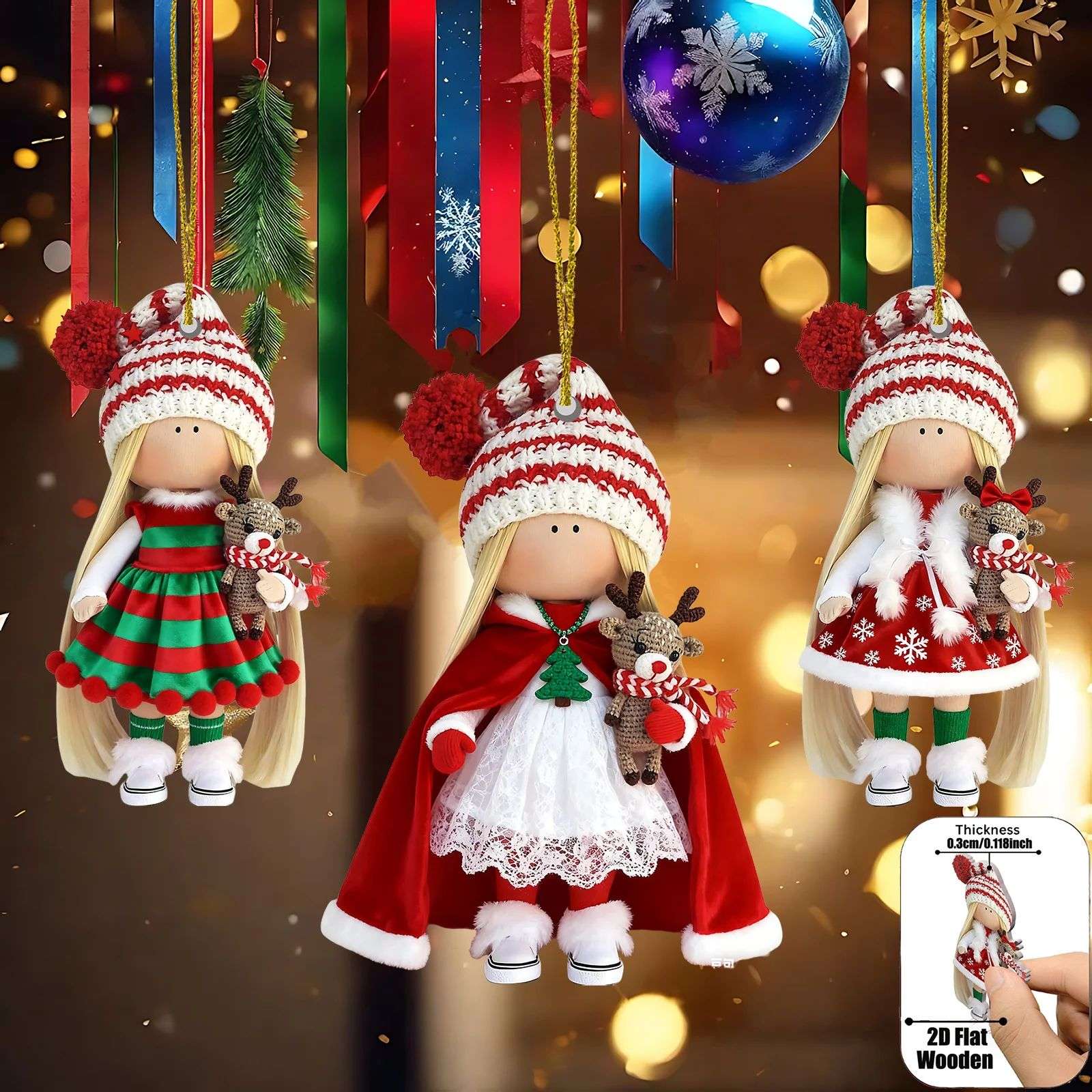 12Pcs Classic Long-haired Christmas Doll Design High-quality 2D Flat Wooden Pendant Christmas Doll Decoration for Christmas