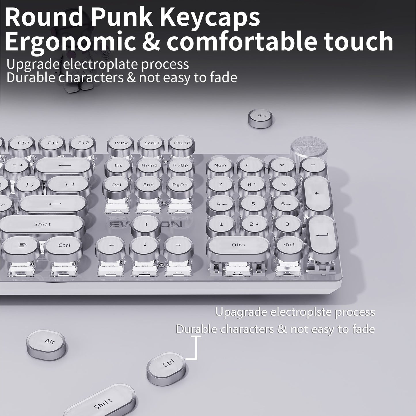 EWEADN V20 Punk Typewriter Teclado Mecânico para Jogos, 104 Teclas Redondas com Retroiluminação LED Branca, Design de Cabo Removível
