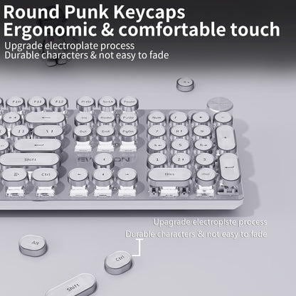 EWEADN V20 Punk Typewriter Teclado Mecânico para Jogos, 104 Teclas Redondas com Retroiluminação LED Branca, Design de Cabo Removível
