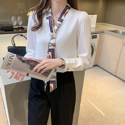 H Han Queen Spring Chiffon Simple Office Lady Blouse Female Shirt Bow Tops Long Sleeve Casual Korean OL Loose Blouses Women