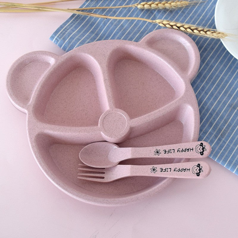 3-Piece Cute Divided Dining Plate for Children's Bowls Solid Color Fork Spoon Sucking Tableware Set with Wheat Material