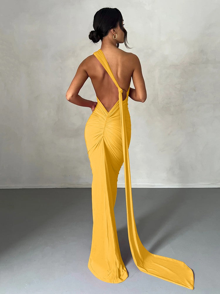 Hugcitar One Shoulder Backless Adjustable Scarf Loop Ruched Sexy Maxi Dress Wome