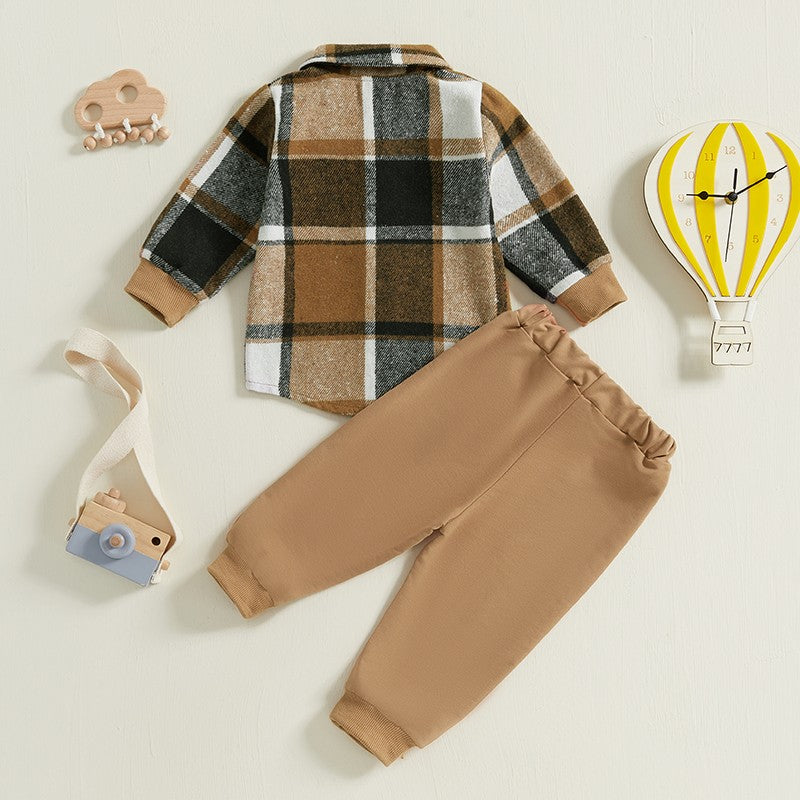 1-5Years Kids Baby Boy Autumn Clothes Outfits Plaid Print Long Sleeve Shirt and Elastic Band Pants 2 Piece Sets for Toddler