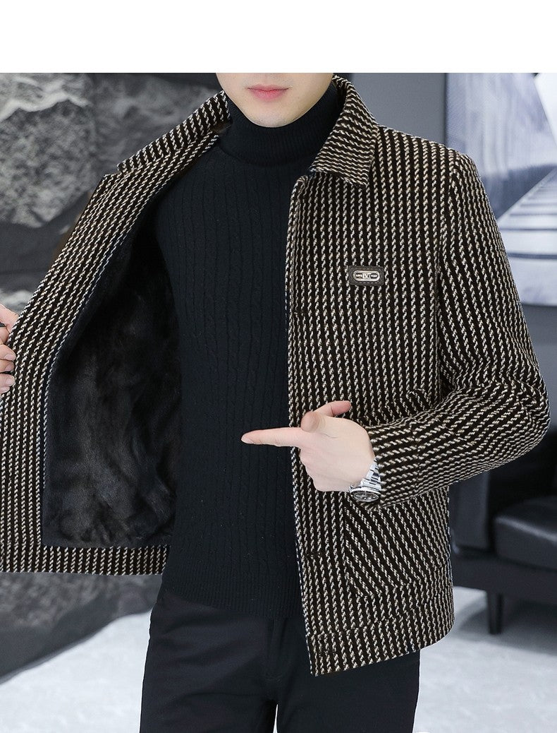 Korean Fashion Woolen Jacket for Men 2023 Winter Plaid Casual Business Trench Coat Slim Social Office Street Wear Short Overcoat