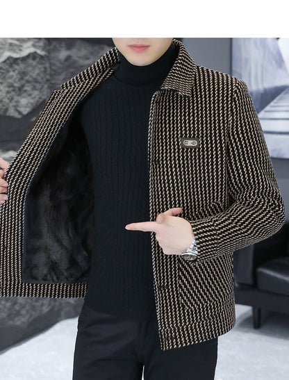 Korean Fashion Woolen Jacket for Men 2023 Winter Plaid Casual Business Trench Coat Slim Social Office Street Wear Short Overcoat