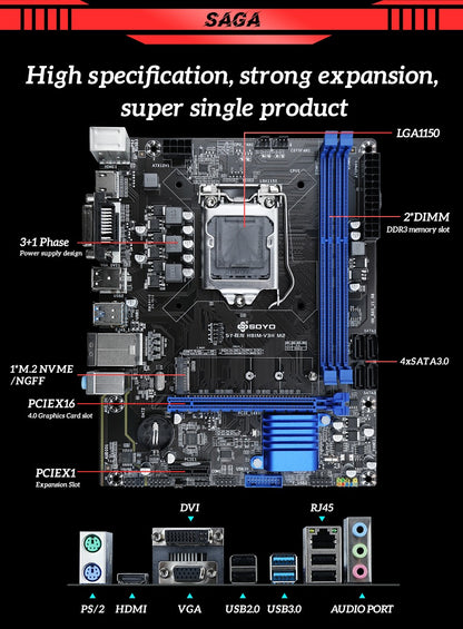 Placa-mãe SOYO H81M Gaming Dual Channel DDR3 M.2 NVME PCIEx16 HDMI VGA Interface LGA 1150 Suporta CPU Intel Core de 4ª Geração