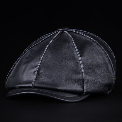 Men's Genuine Leather Warm Octagonal Cap Elegant Adjustable Newsboy Beret Cowhide Tongue Cap