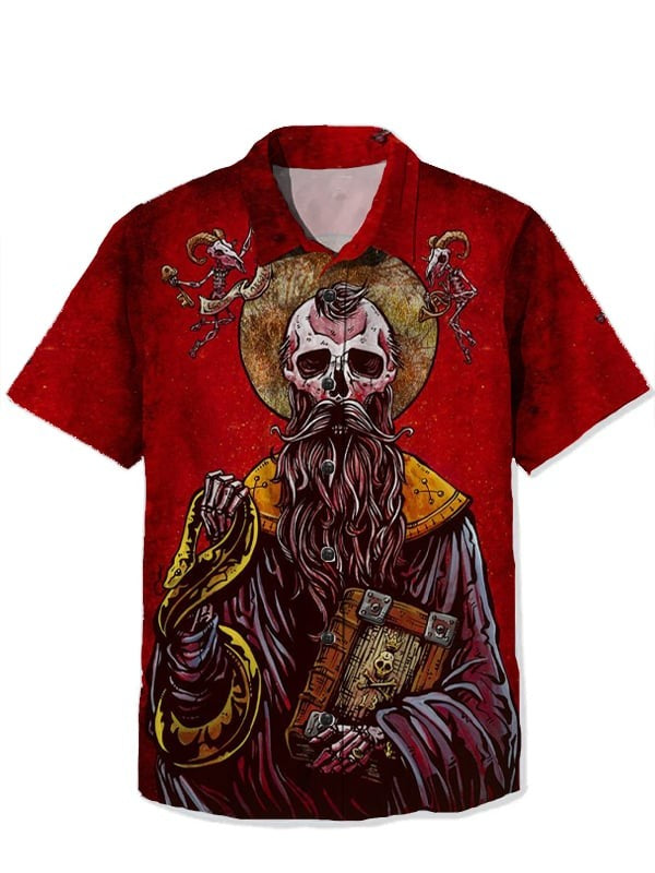 Men's Shirt Summer Casual Fashion Short Sleeve 3D Printed Denim Skull Gun Print Men's Hawaiian Lapel Single Breasted Shirt