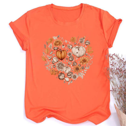 Fall Heart Women's Fall Shirt Pumpkin Season Short Sleeves Thanksgiving Halloween Party Shirts Fashion Women T-shirt Clothes