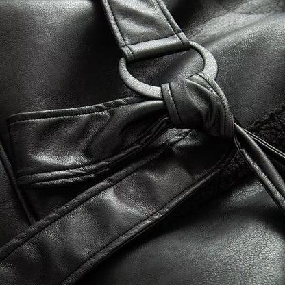 Women's Coat 2025 Autumn New Style Black Long-Sleeve Leather and Fur Integrated Coat with Belt High-End Outerwear Elegant