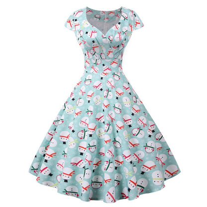 Fashion V-neck Short Sleeve Printed Christmas Dress Large Swing Vintage Elegant Xmas Party Dress