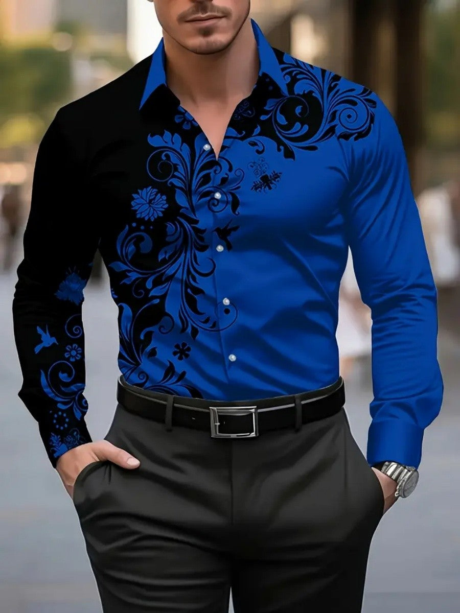 Men's floral-print ethnic-style blouse, Western-style denim shirt, long-sleeved
