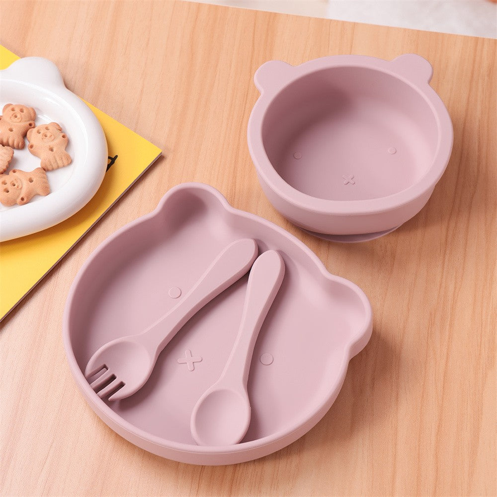 Color Kids 4PCS Silicone Feeding Tableware Set Baby Newborn Items Sucker Dishes Spoon Fork Bowls Food Training Essentials
