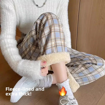 Lamb Velvet Fleece Lined Plaid Wide Leg Pants High Waist Straight Cut Winter New Casual Trousers for Women Korean Style