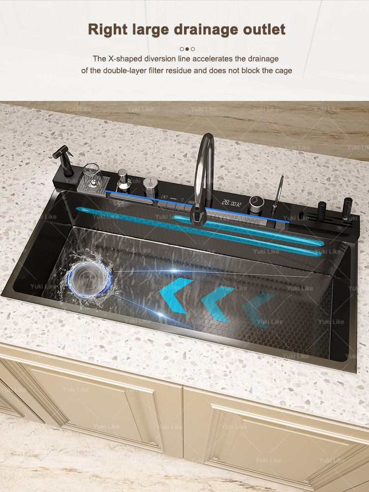 Stainless Steel Golden Kitchen Sink Multifunctional Waterfall Outlet Single Slot Piano Button Digital Display