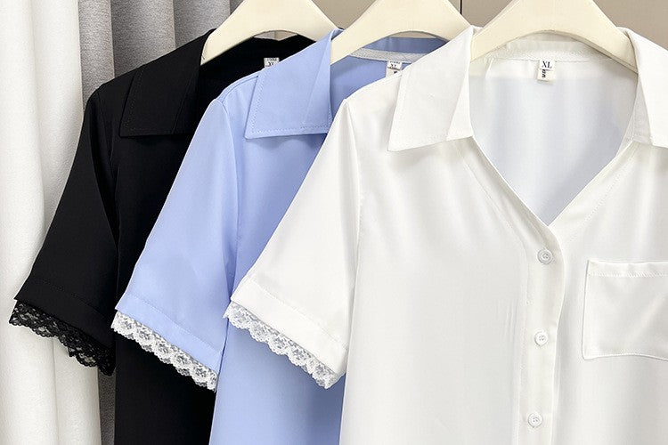 Plus Size Women's Summer New Style Lace Sleeve V-Neck Short Sleeve Shirt Fresh And Elegant Fashionable Blouse Polyester Fabric