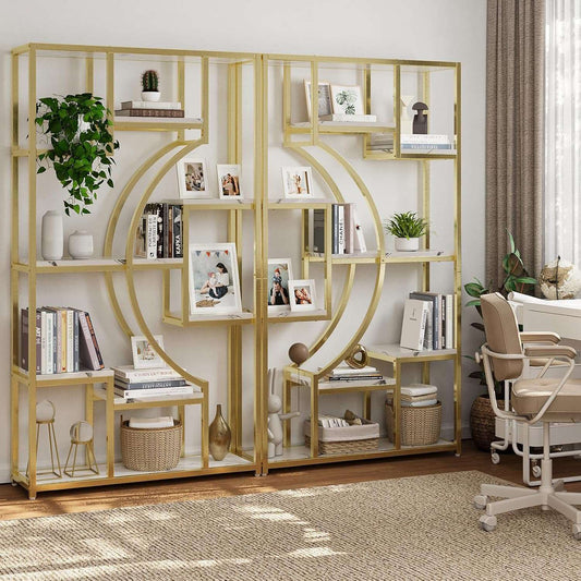 70.8" Tall Bookshelf Set of 2, 79" Wide Geometric Display Shelf with 18 Open Storage Shelves, Scratch-Resistant Gray Wash