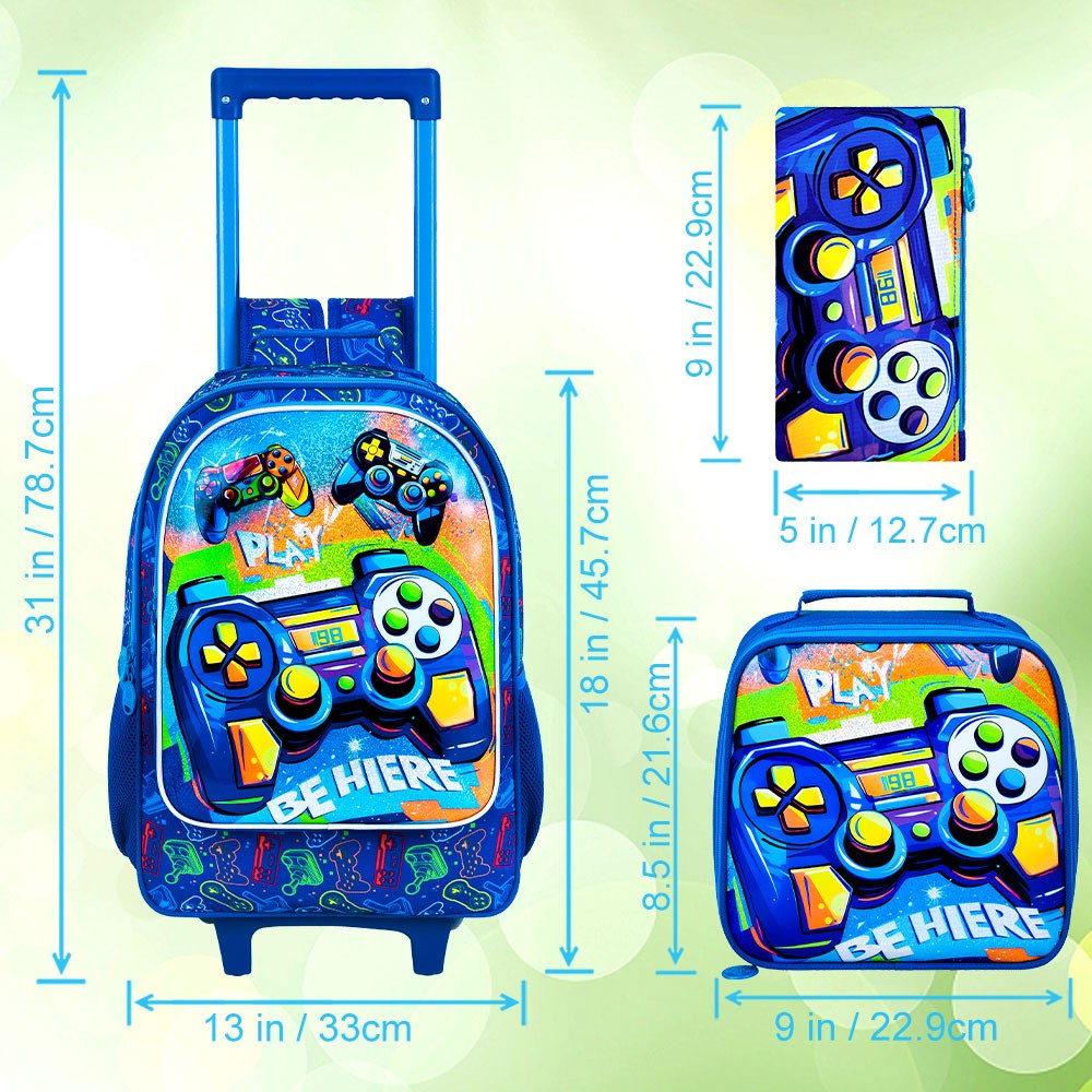 Mochila de Rodinhas 3 Peças para Meninos, Mochila Escolar com Rodinhas para Crianças, Mochila Escolar com Rodinhas Gamer para Pré-escola e Ensino Fundamental
