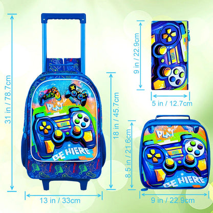 Mochila de Rodinhas 3 Peças para Meninos, Mochila Escolar com Rodinhas para Crianças, Mochila Escolar com Rodinhas Gamer para Pré-escola e Ensino Fundamental