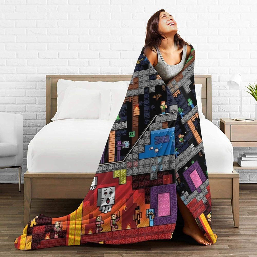 Cartoon Mines Pixel Game Crafts Flannel Blanket Super Warm Throw Blanket for Home Decor Decorative Street Trend Bedspread