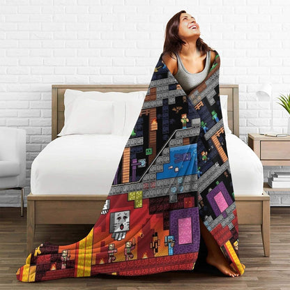 Cartoon Mines Pixel Game Crafts Flannel Blanket Super Warm Throw Blanket for Home Decor Decorative Street Trend Bedspread