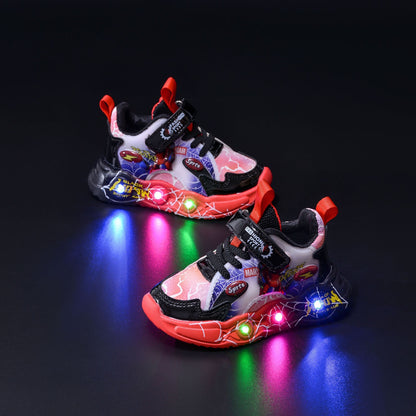 Boys Spiderman Sneakers Disney LED Children's Sport Shoes Fashion Anti-slip Kids Outdoor Shoes Student Design Pu Leather Shoes