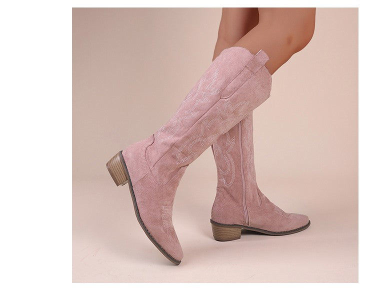 Embroidered Western Cowboy Boots for Women Autumn Pointed Toe Thick Heel High Knee Boots Woman Loose PU Leather Long Botas Mujer