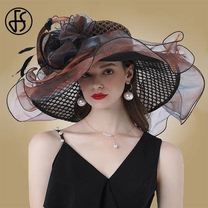 FS Mulheres Organza Vermelha Chapéus Casamento Fascinadores Elegante Grande Aba Larga Fedora Kentucky Derby Chapéus Festa Formal Igreja Chapéu Feminino