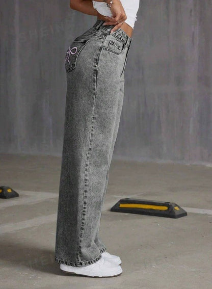 Bow Embroidered Jeans Women's Sweet Spicy Style High Waist Straight Leg Pants Loose Casual Wash High Street Denim Pants