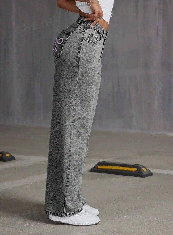 Bow Embroidered Jeans Women's Sweet Spicy Style High Waist Straight Leg Pants Loose Casual Wash High Street Denim Pants