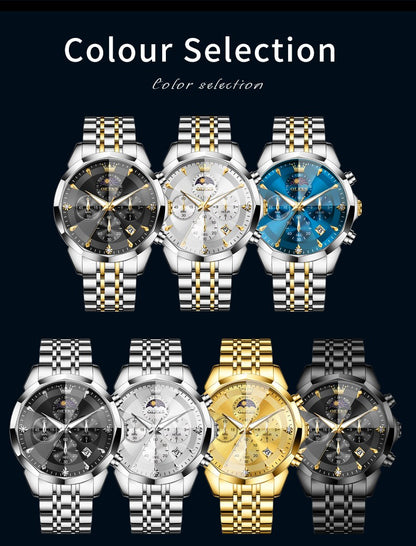 OLEVS Original Fashion Moon Phase Men's Watches Waterproof Chronograph Quartz Watch Stainless steel Calendar Brand Wristwatch