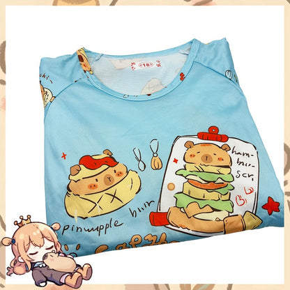 2pc Capybara Kids Pajama Set 5-14 Years, Summer Cartoon Short Sleeve Sleepwear with Hamburger Print, Breathable Boys Girls PJs