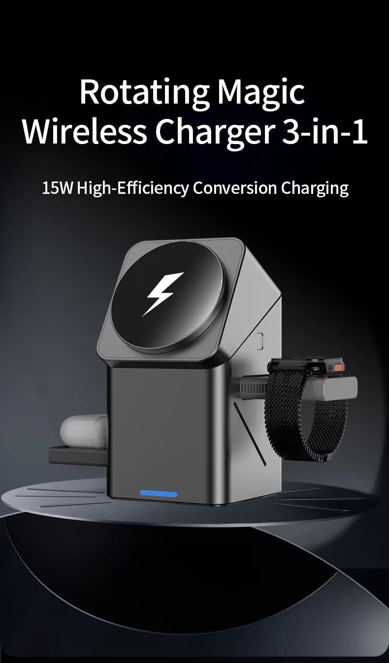 Rotating Magic Wireless Charger 3 in 1 Magnetic for Apple Dock Charger for Iphone 16 15 14 13 Pro Max Iwatch Airpods Charger